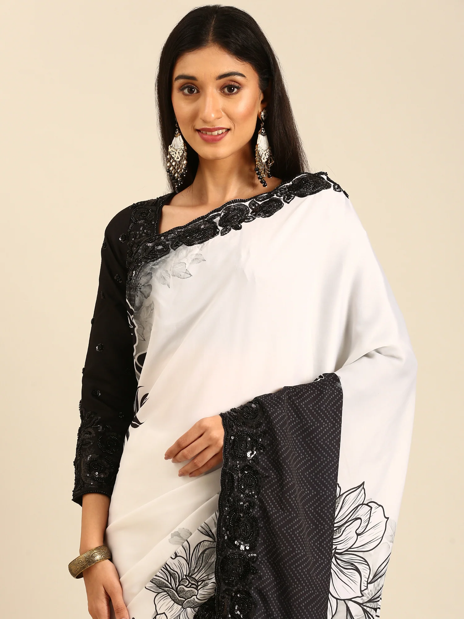 Black & white satin printed saree with hand embroidery & ready made blouse - Image 3