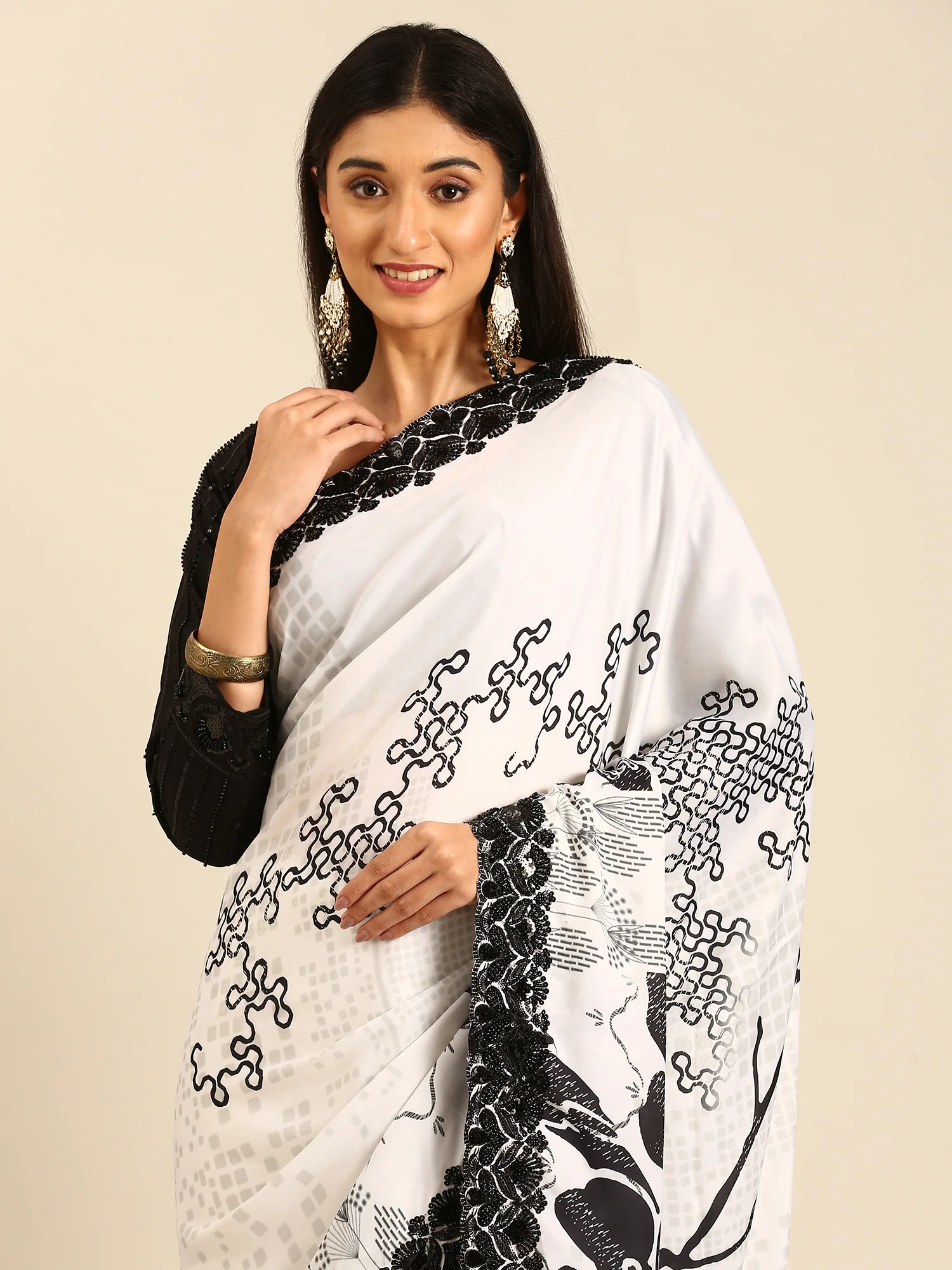 Black & white satin printed saree with hand embroidery & ready made blouse - Image 3
