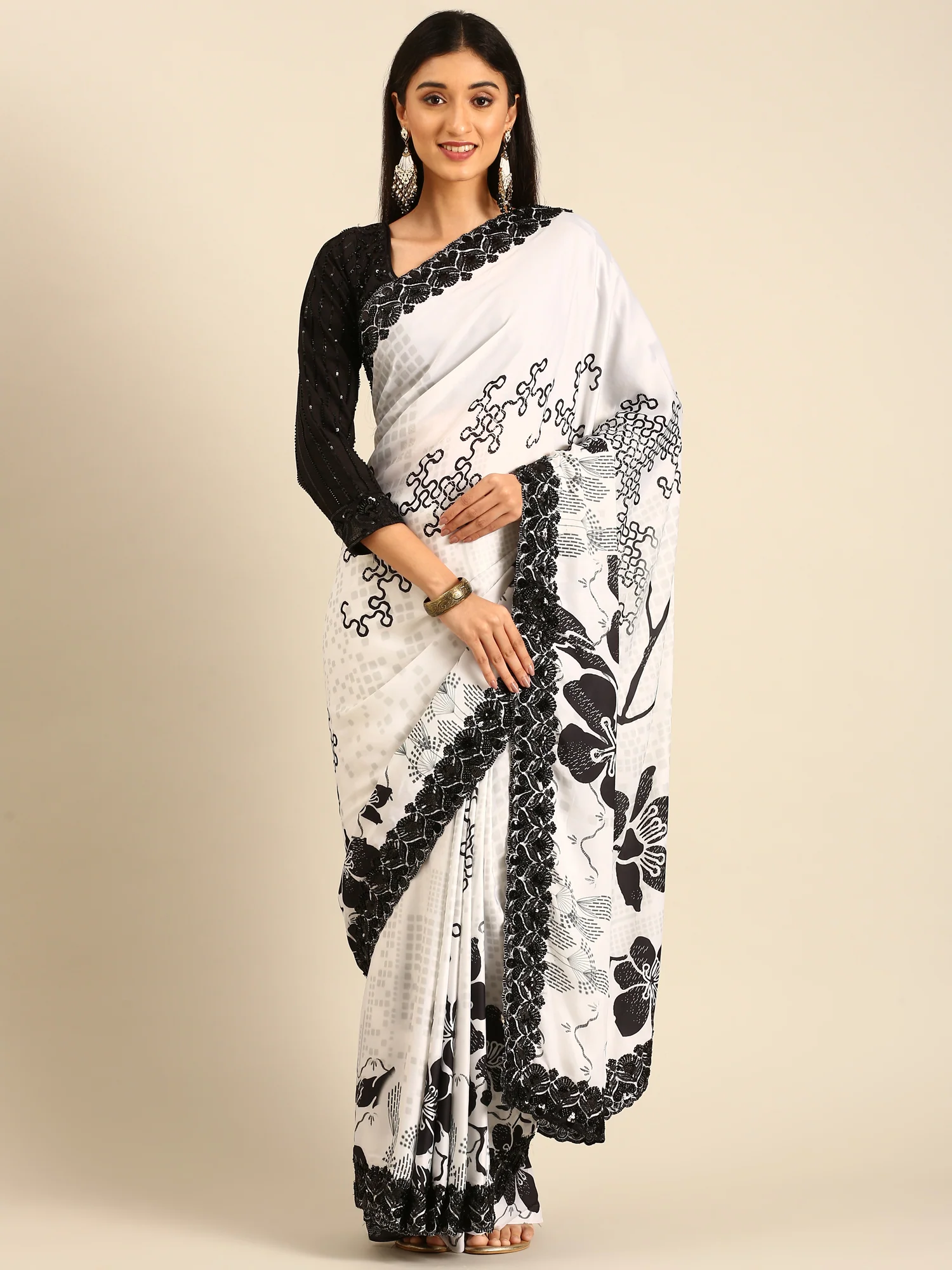 Black & white satin printed saree with hand embroidery & ready made blouse - Image 4