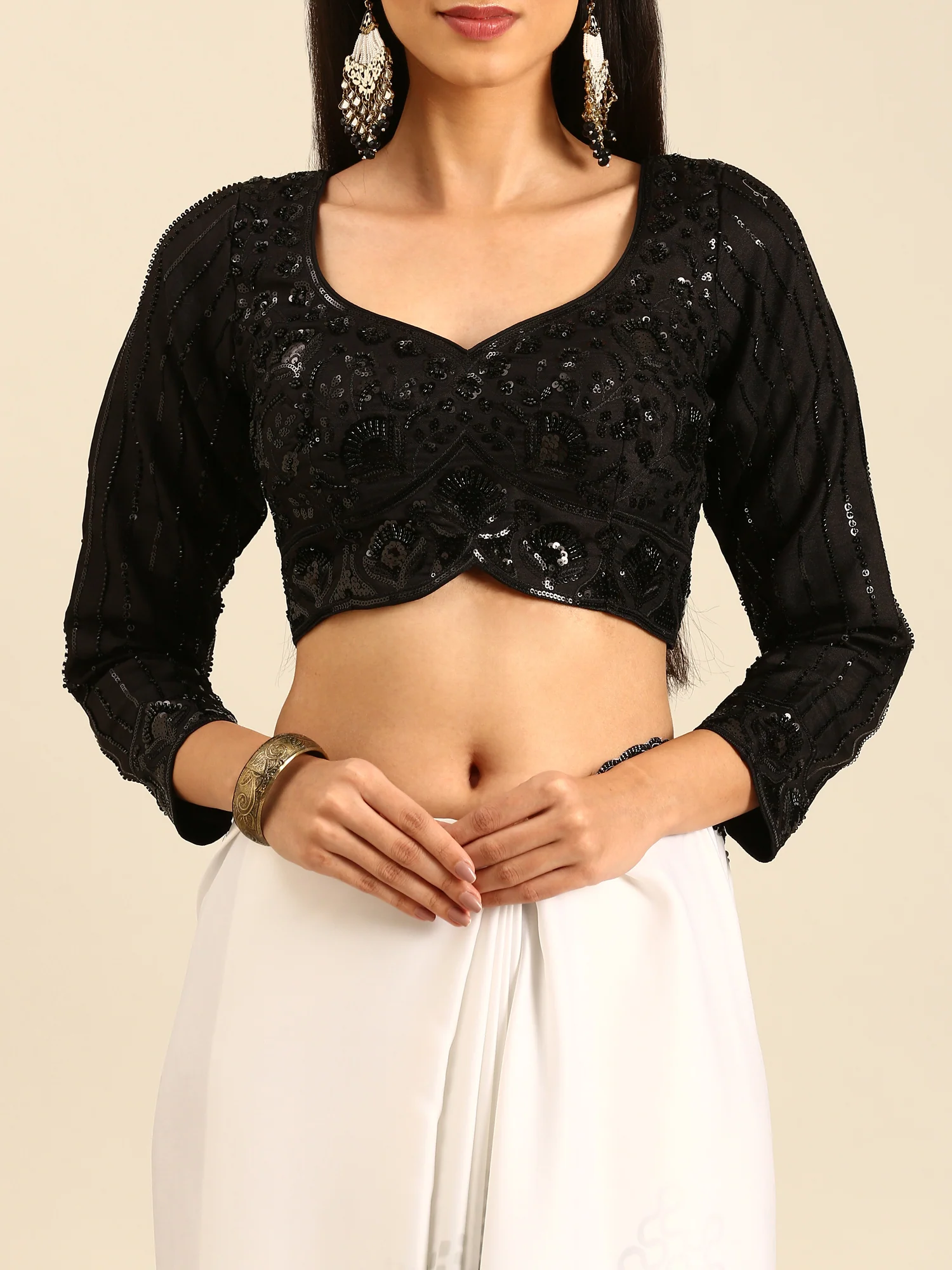 Black & white satin printed saree with hand embroidery & ready made blouse - Image 6