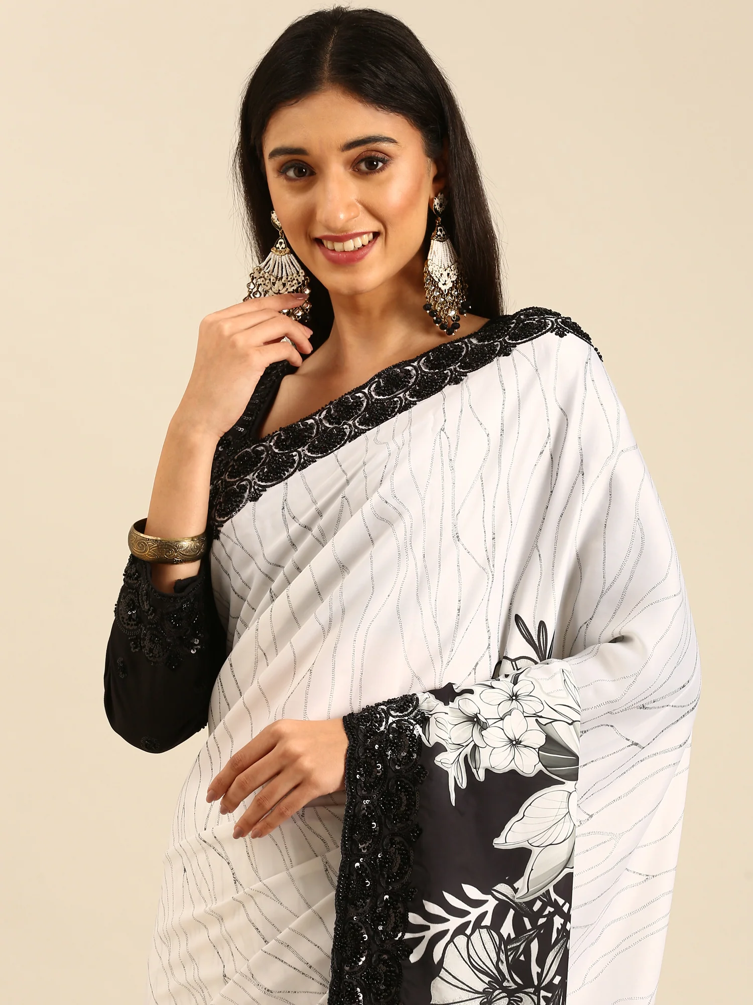 Black & White Satin Printed Saree With Hand Embroidery & Readymade Blouse - Image 3