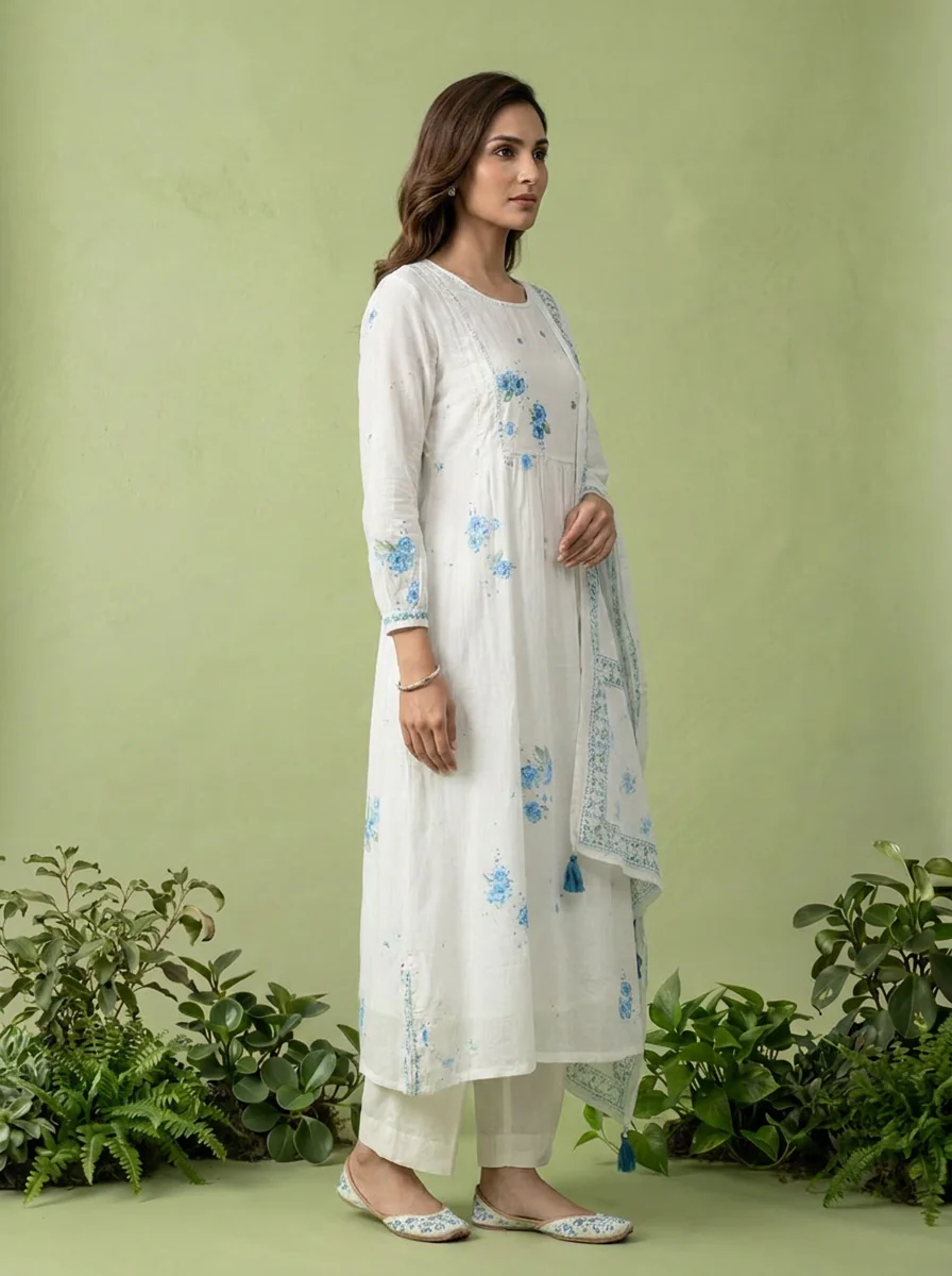 Blue And White Cotton Printed And Sequins Embroidery Three Piece Set - Image 3
