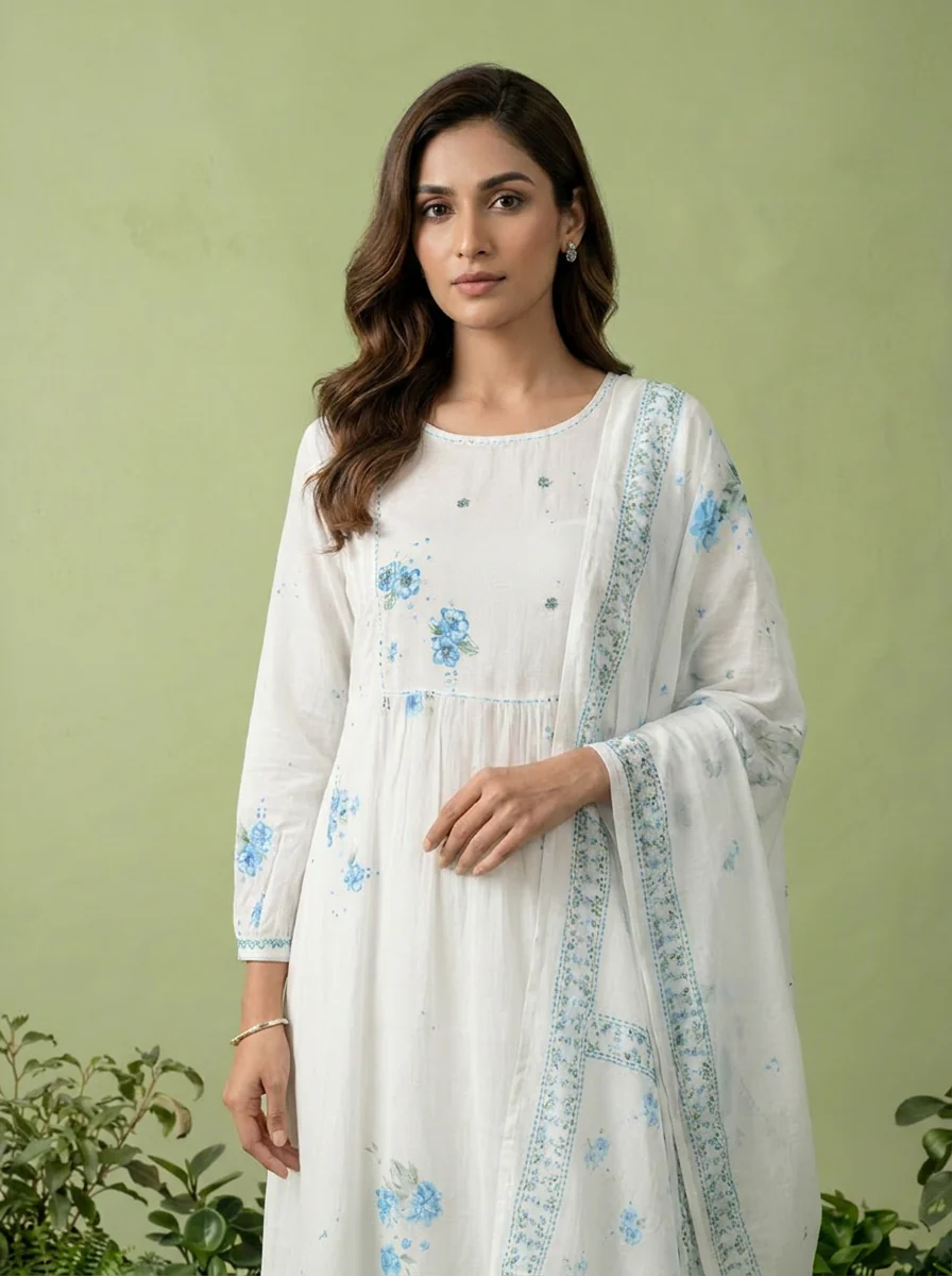 Blue And White Cotton Printed And Sequins Embroidery Three Piece Set - Image 4