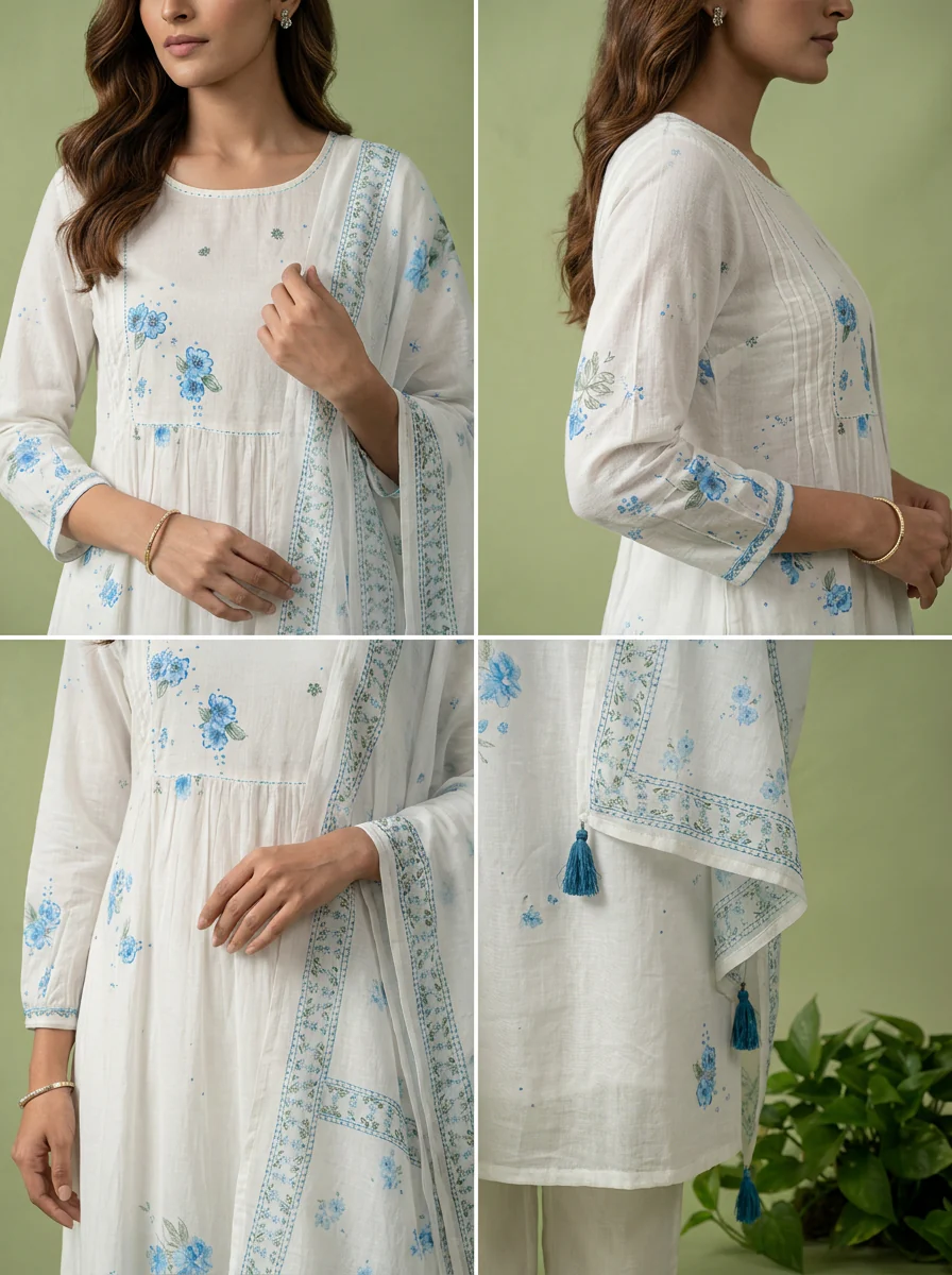 Blue And White Cotton Printed And Sequins Embroidery Three Piece Set - Image 5