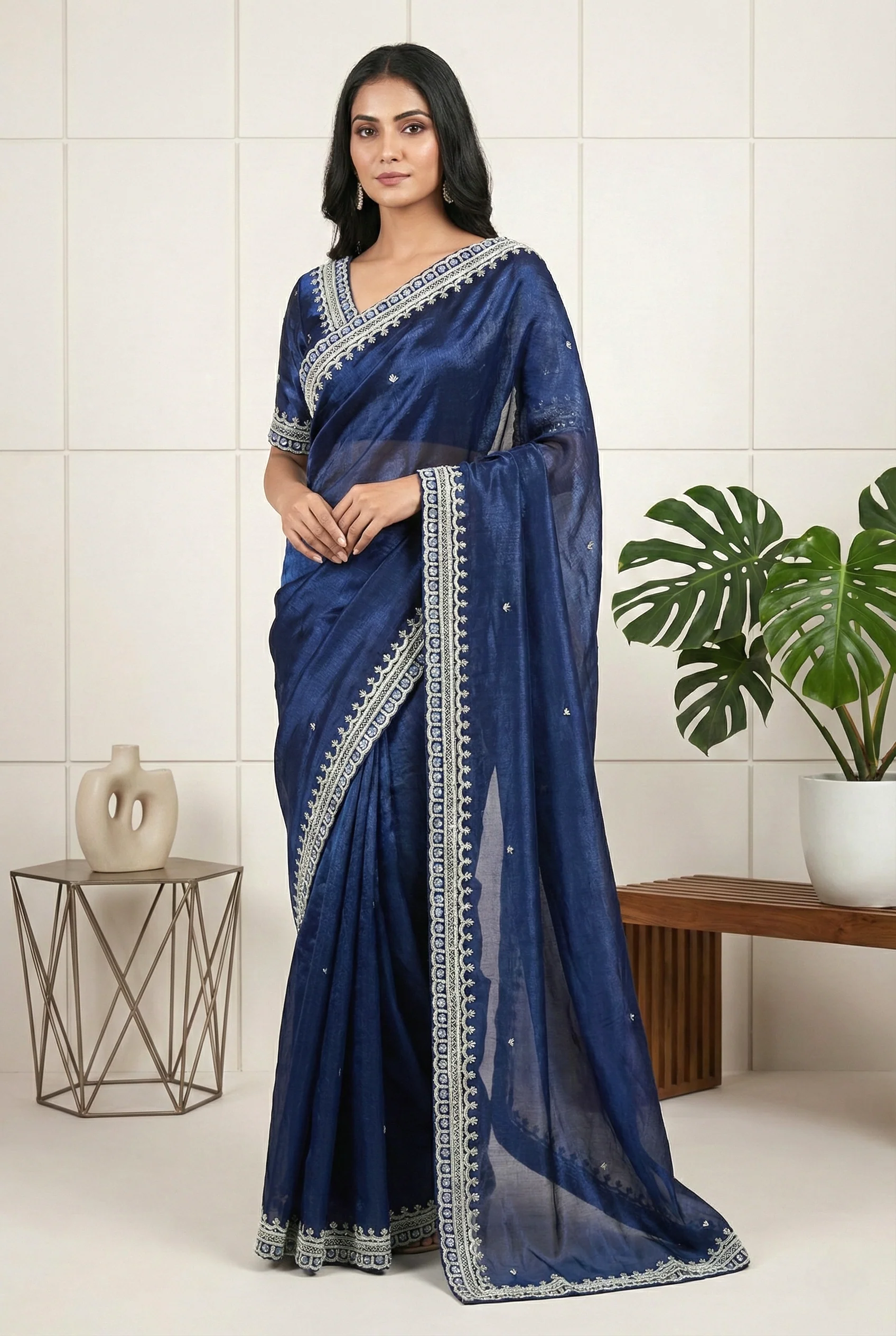 Blue Beads Embroidered Organza Saree