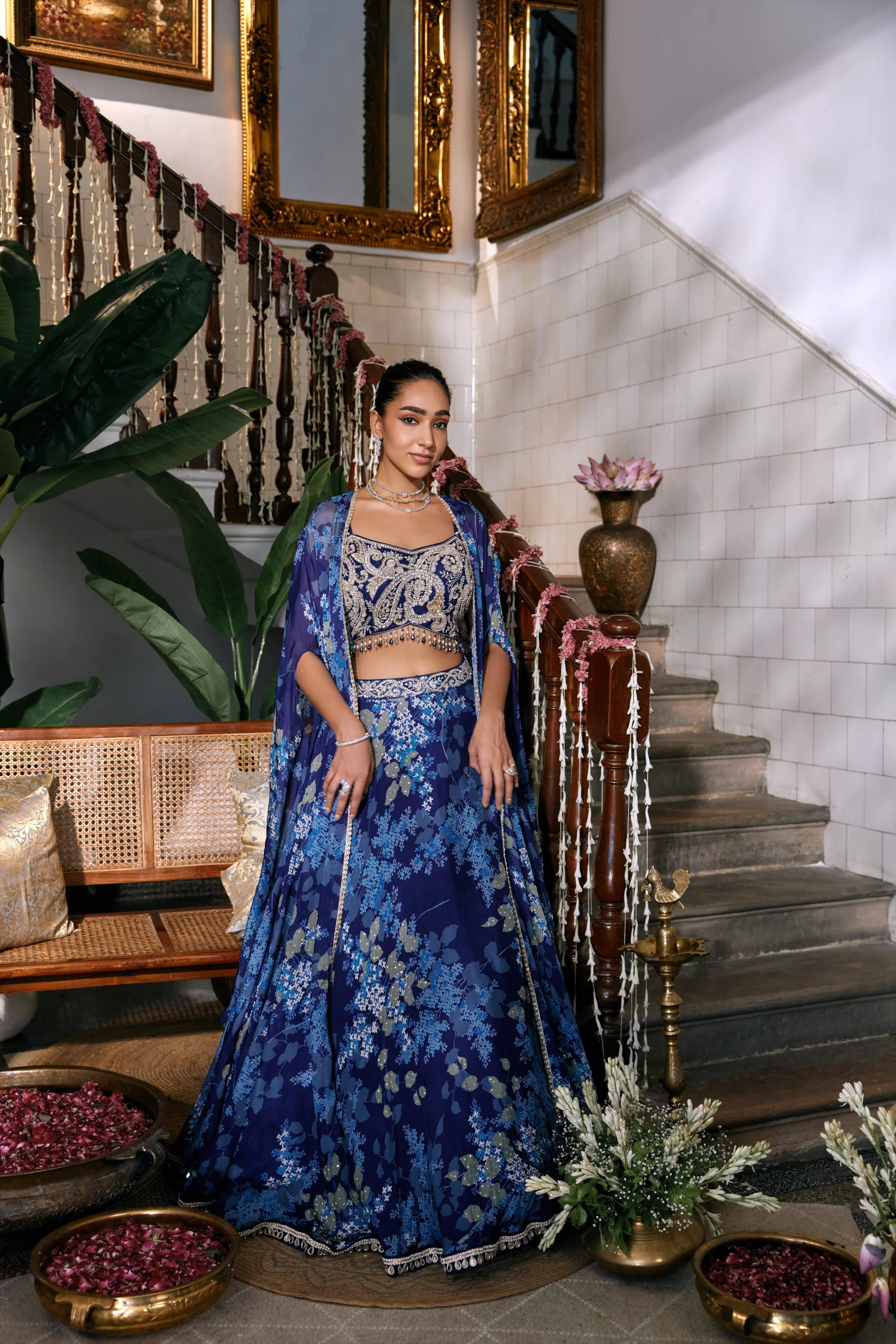 Blue Chinon Jacket Ghagra Set - Image 2