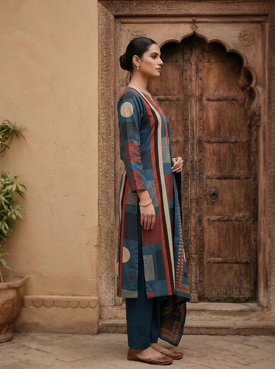 Blue Cotton Ajrakh Printed Three Piece Set - Image 3