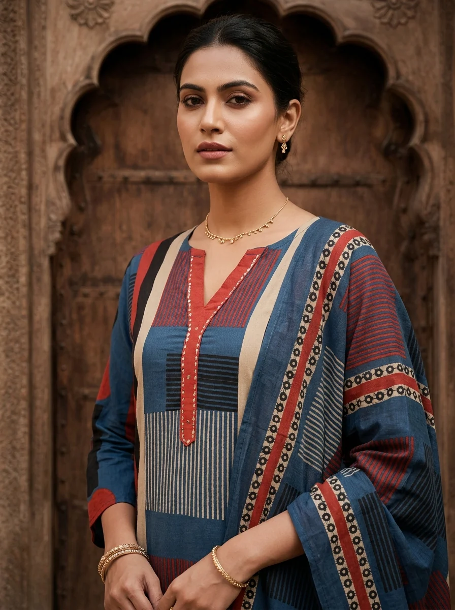 Blue Cotton Ajrakh Printed Three Piece Set - Image 4