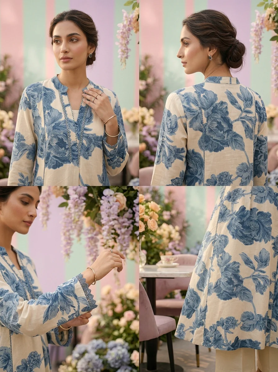 Blue Cotton Floral Digital Printed Kurta - Image 3