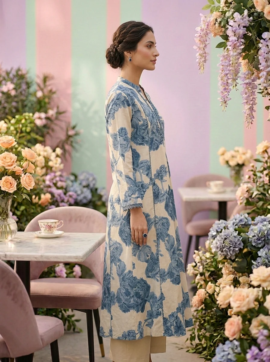 Blue Cotton Floral Digital Printed Kurta - Image 4