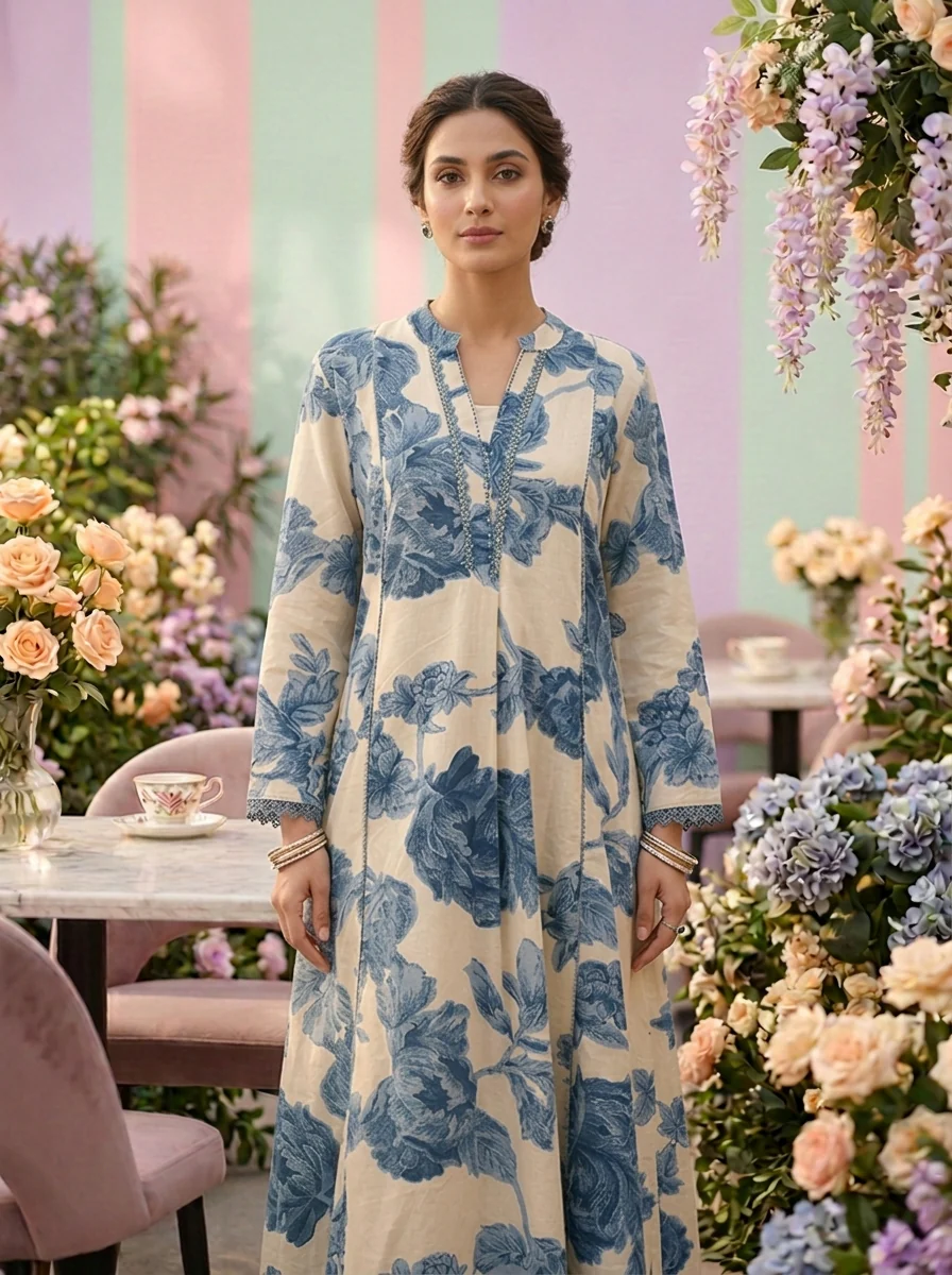 Blue Cotton Floral Digital Printed Kurta - Image 5