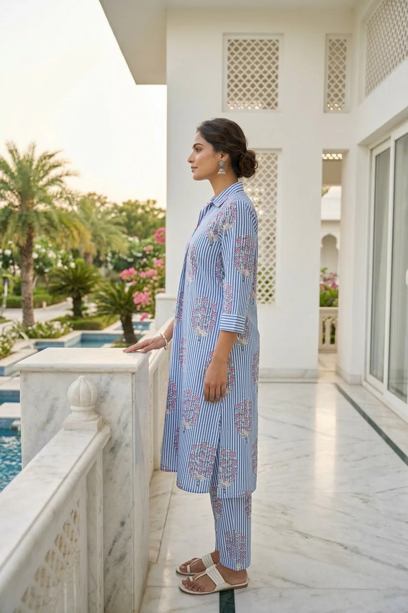 Blue Cotton Floral Digital Printed Two Piece Set - Image 2