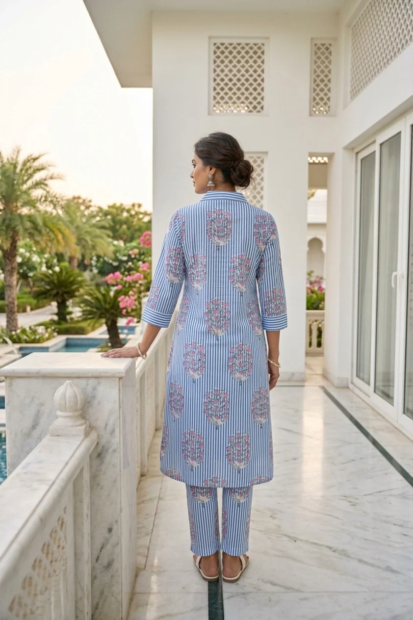 Blue Cotton Floral Digital Printed Two Piece Set - Image 3