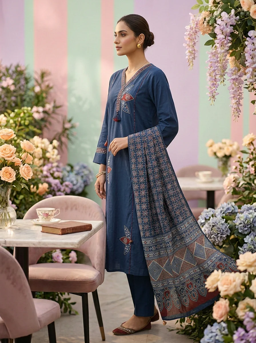 Blue Cotton Floral Embroidered Three Piece Set - Image 2