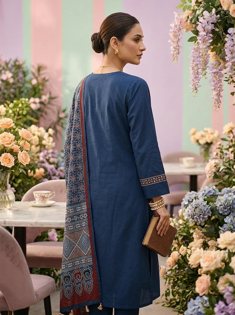 Blue Cotton Floral Embroidered Three Piece Set - Image 3