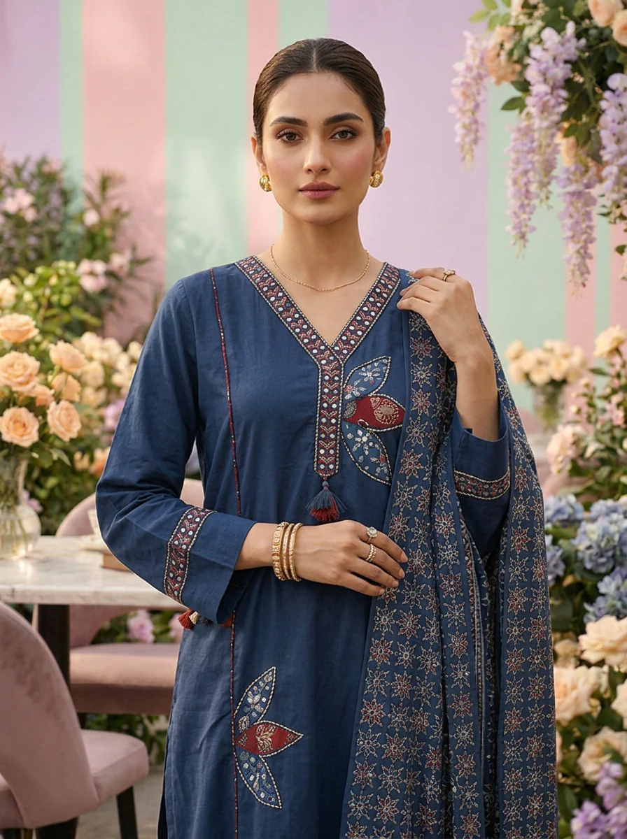 Blue Cotton Floral Embroidered Three Piece Set - Image 4