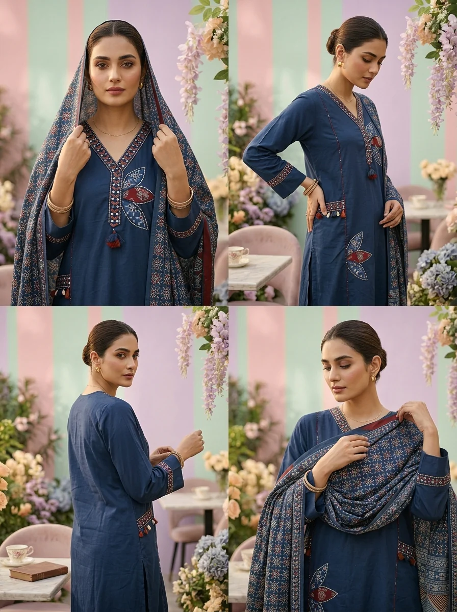 Blue Cotton Floral Embroidered Three Piece Set - Image 5