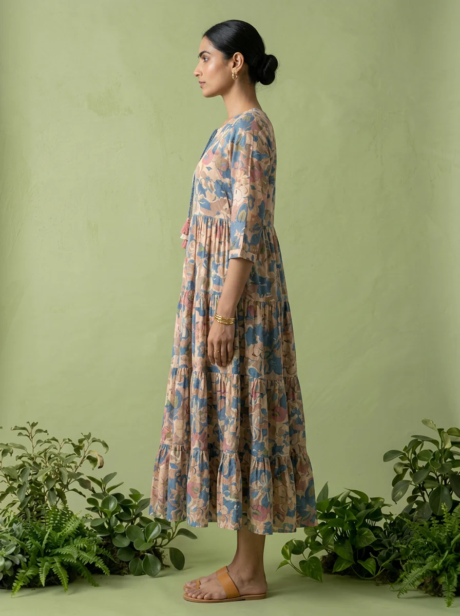 Blue Cotton Floral Printed Dress - Image 5