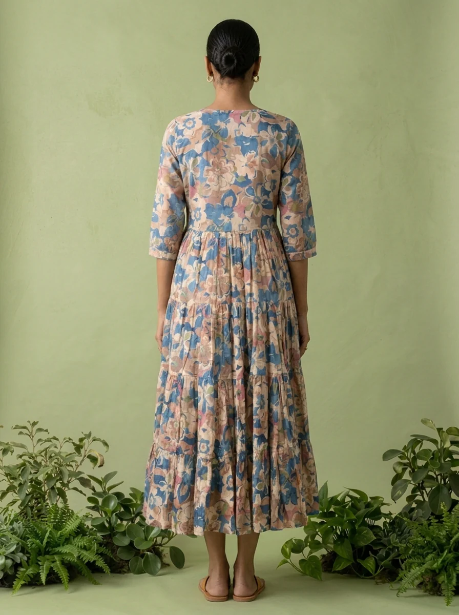 Blue Cotton Floral Printed Dress - Image 6