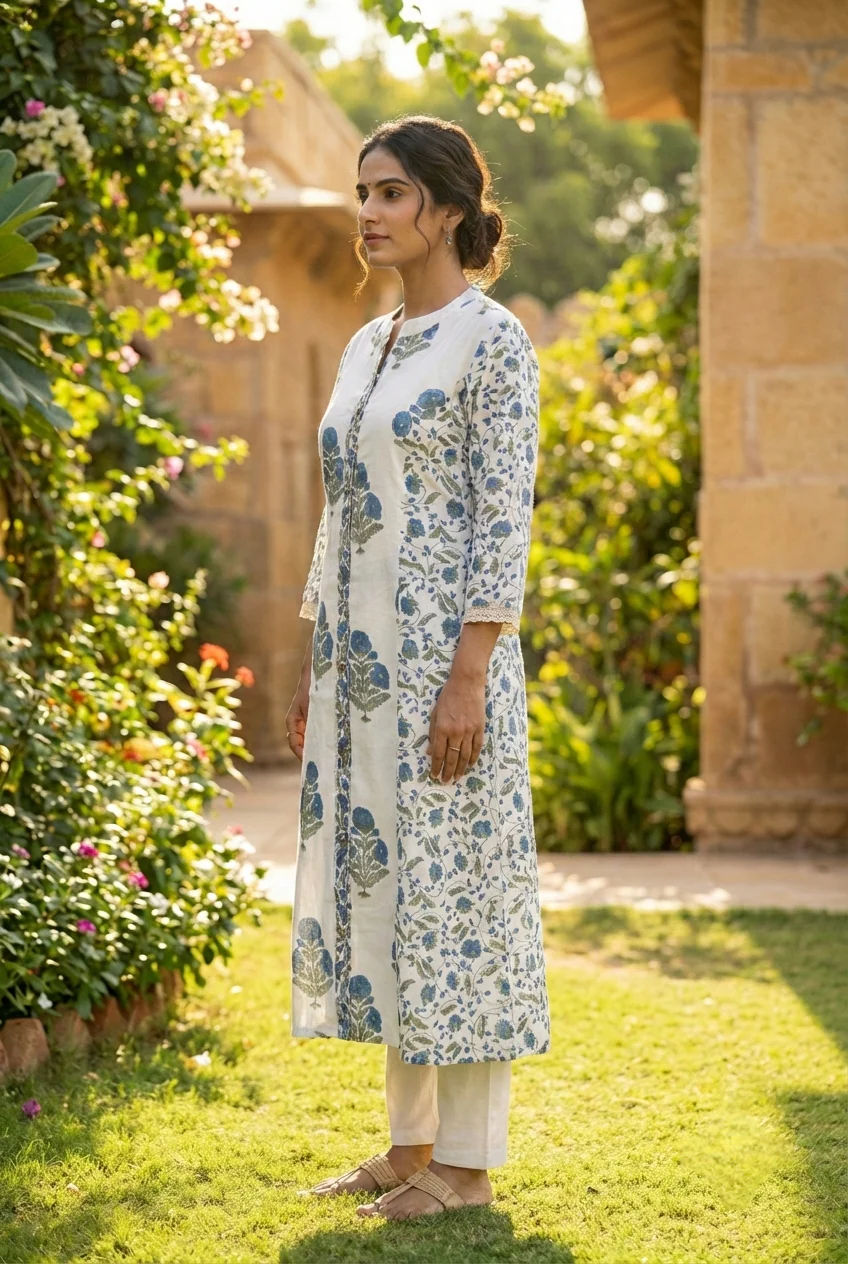 Blue Cotton Floral Printed Two Piece Set - Image 3