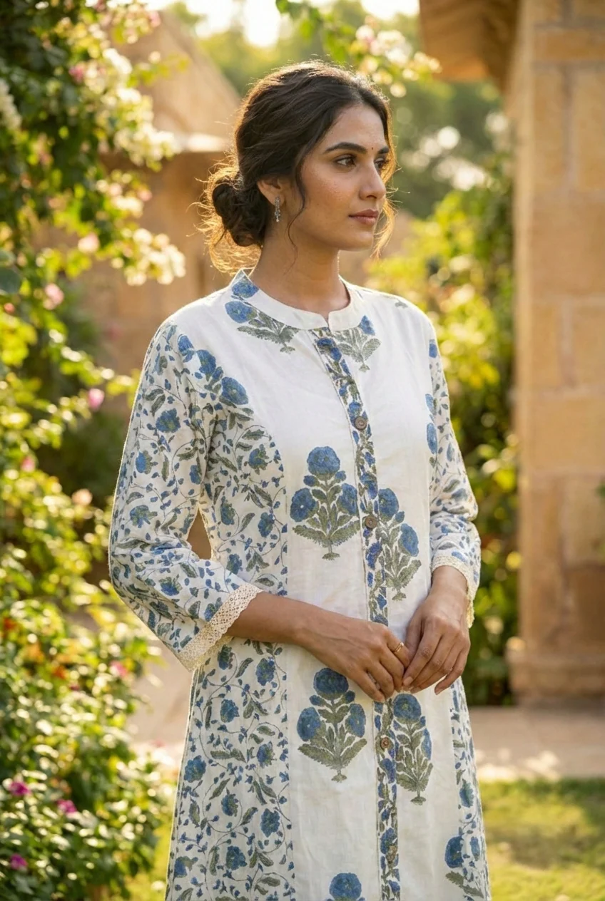 Blue Cotton Floral Printed Two Piece Set - Image 4