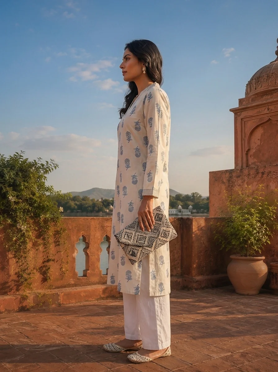 Blue Cotton Hand Block Printed Kurta - Image 3