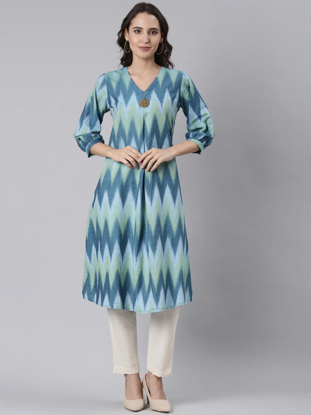 Blue Cotton Ikat Printed Kurta
