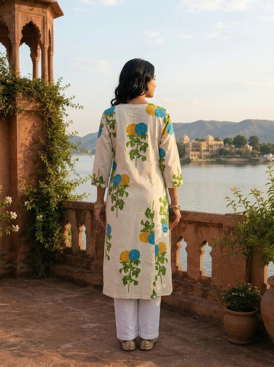 Blue Cotton Marigold Floral Printed Kurta - Image 2