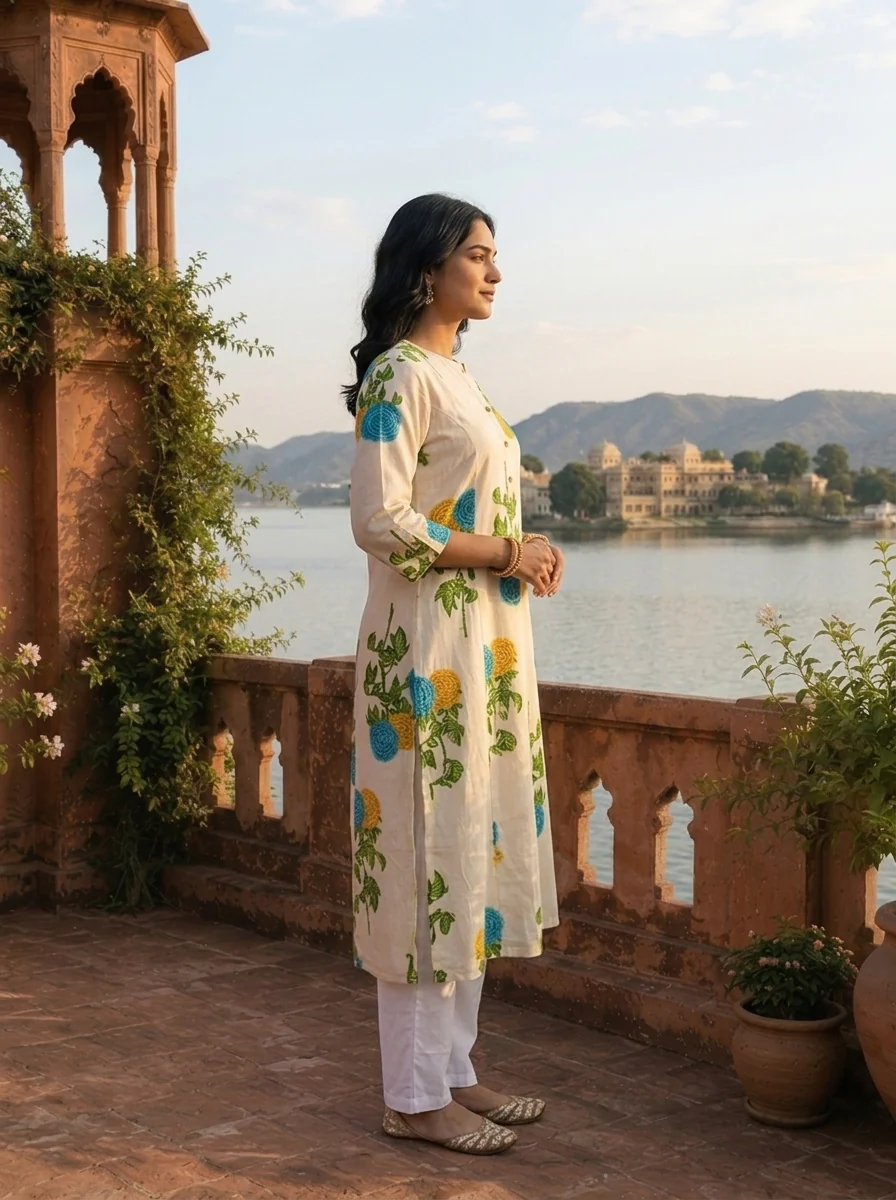 Blue Cotton Marigold Floral Printed Kurta - Image 3
