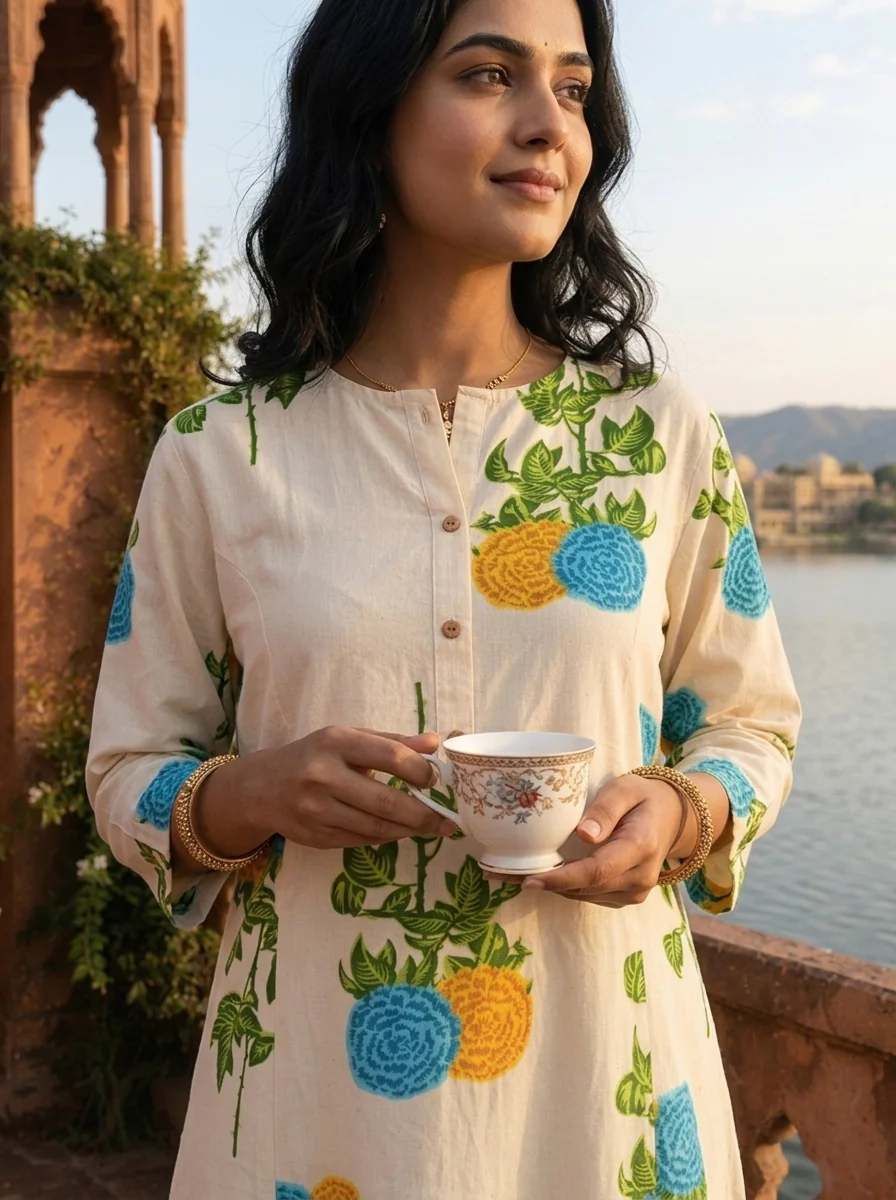 Blue Cotton Marigold Floral Printed Kurta - Image 4