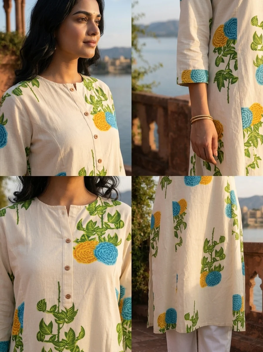 Blue Cotton Marigold Floral Printed Kurta - Image 5