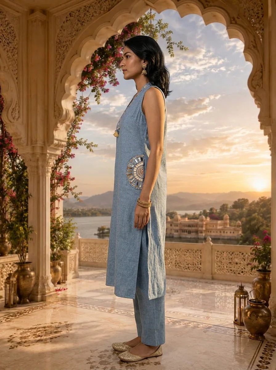 Blue Cotton Mirror Embroidery Two Piece Set - Image 2
