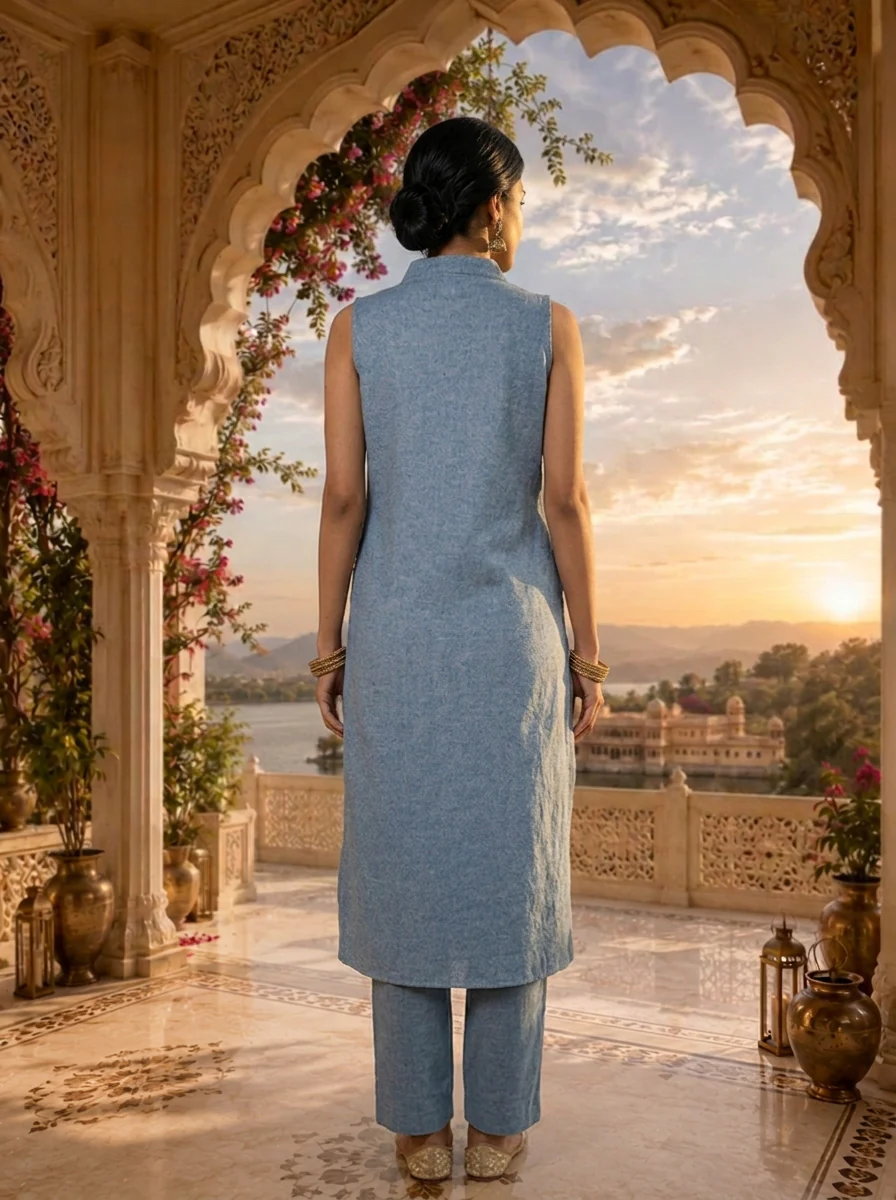 Blue Cotton Mirror Embroidery Two Piece Set - Image 3