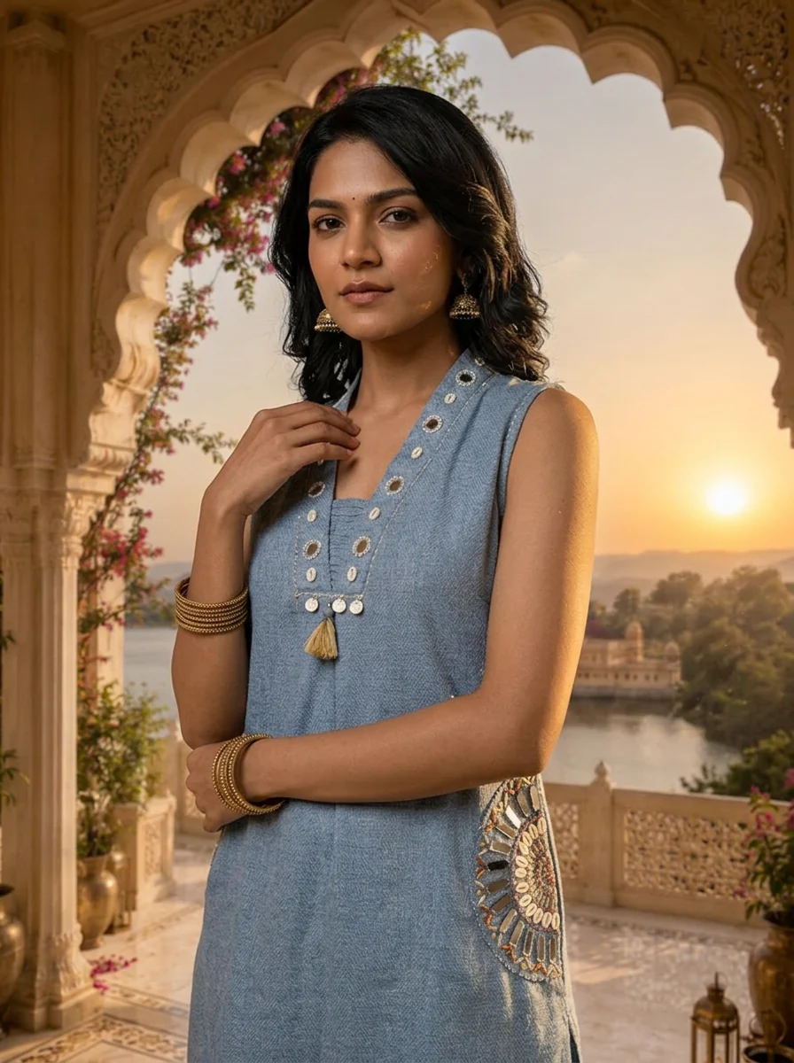 Blue Cotton Mirror Embroidery Two Piece Set - Image 4