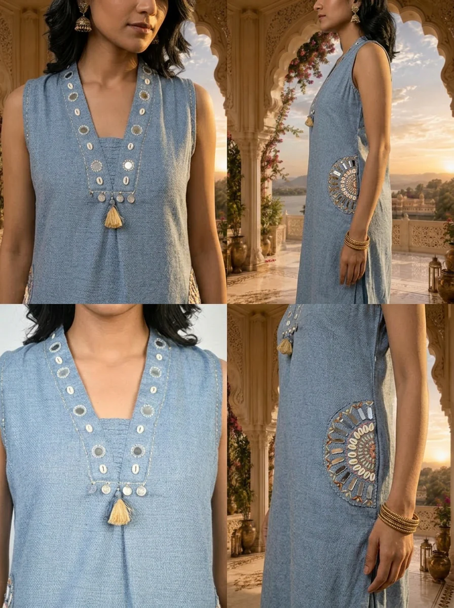 Blue Cotton Mirror Embroidery Two Piece Set - Image 5