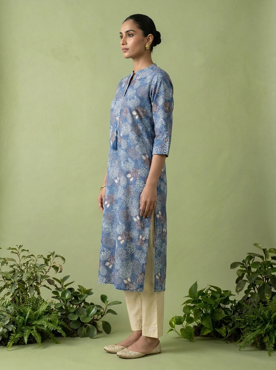 Blue Cotton Patch Embroidered And Printed Kurta - Image 3