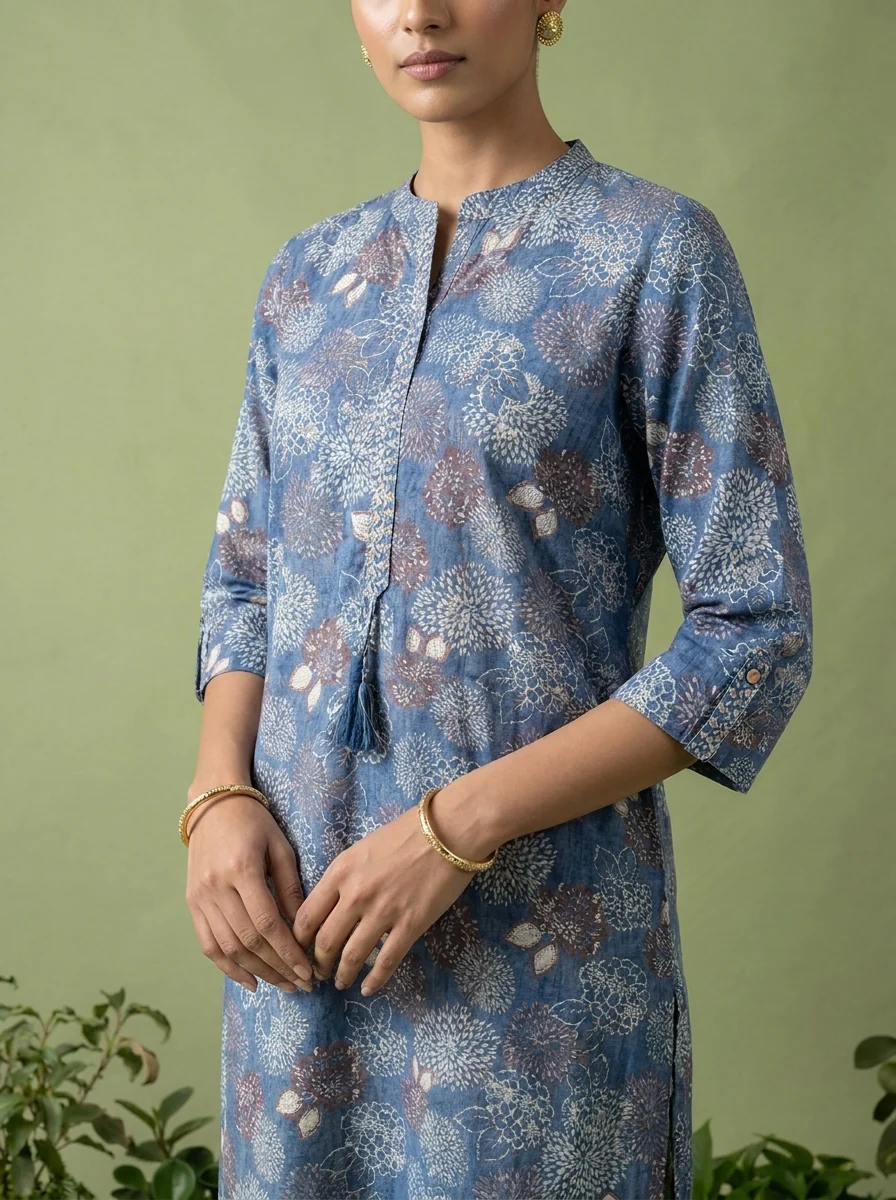 Blue Cotton Patch Embroidered And Printed Kurta - Image 4