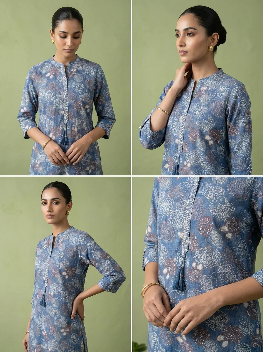 Blue Cotton Patch Embroidered And Printed Kurta - Image 5