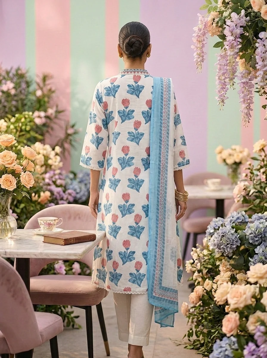 Blue Cotton Printed And Embroidery Three Piece Set - Image 2