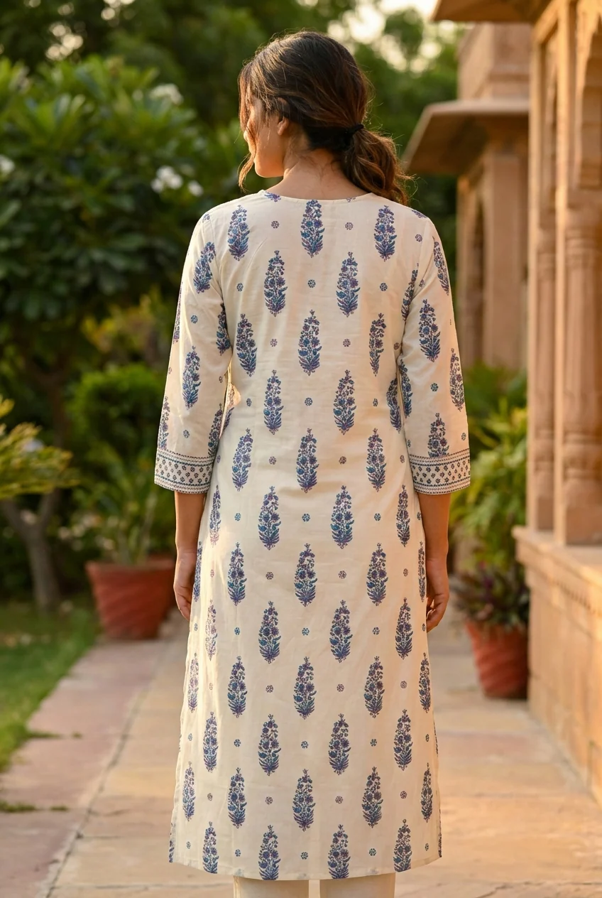 Blue Cotton Printed Three Piece Set - Image 2