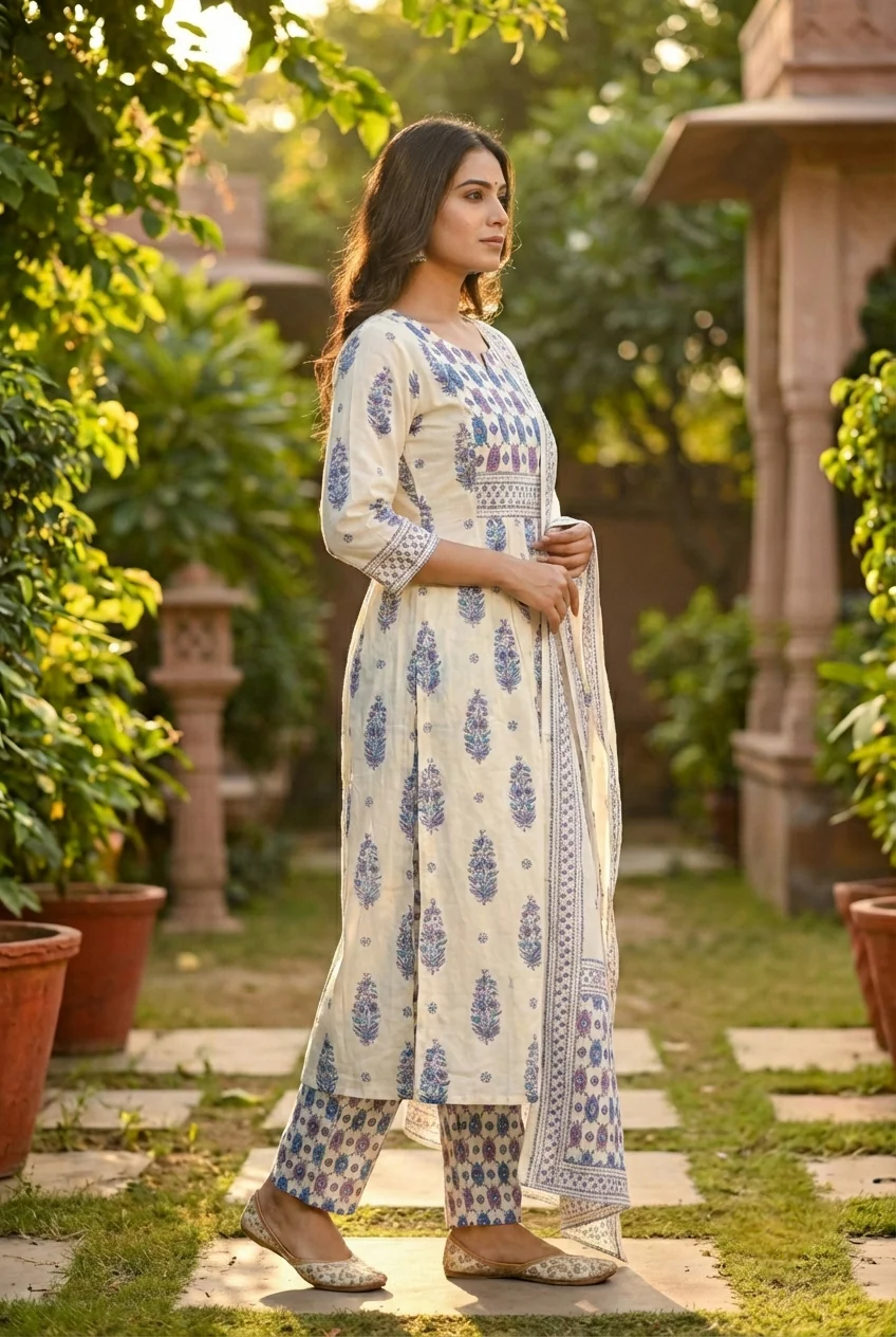 Blue Cotton Printed Three Piece Set - Image 3