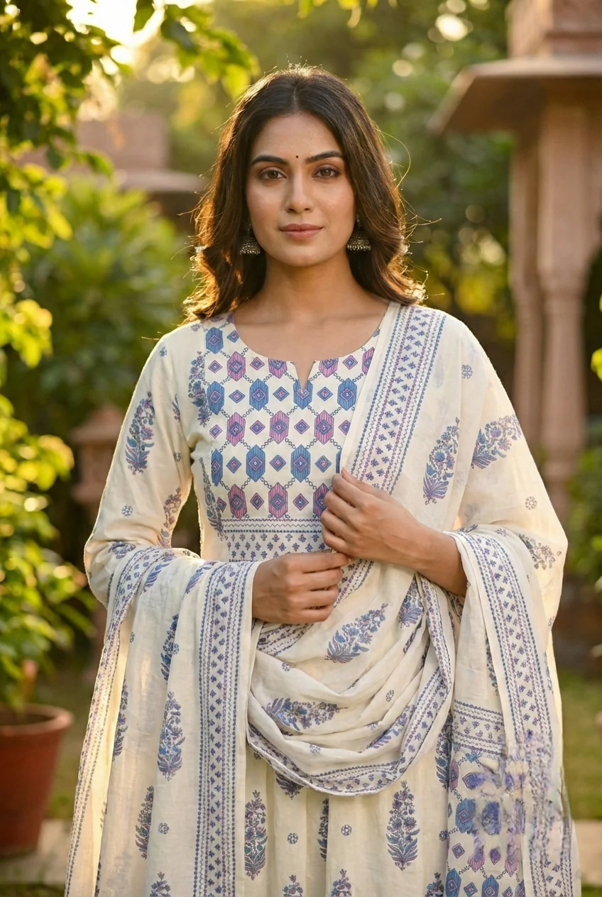 Blue Cotton Printed Three Piece Set - Image 4