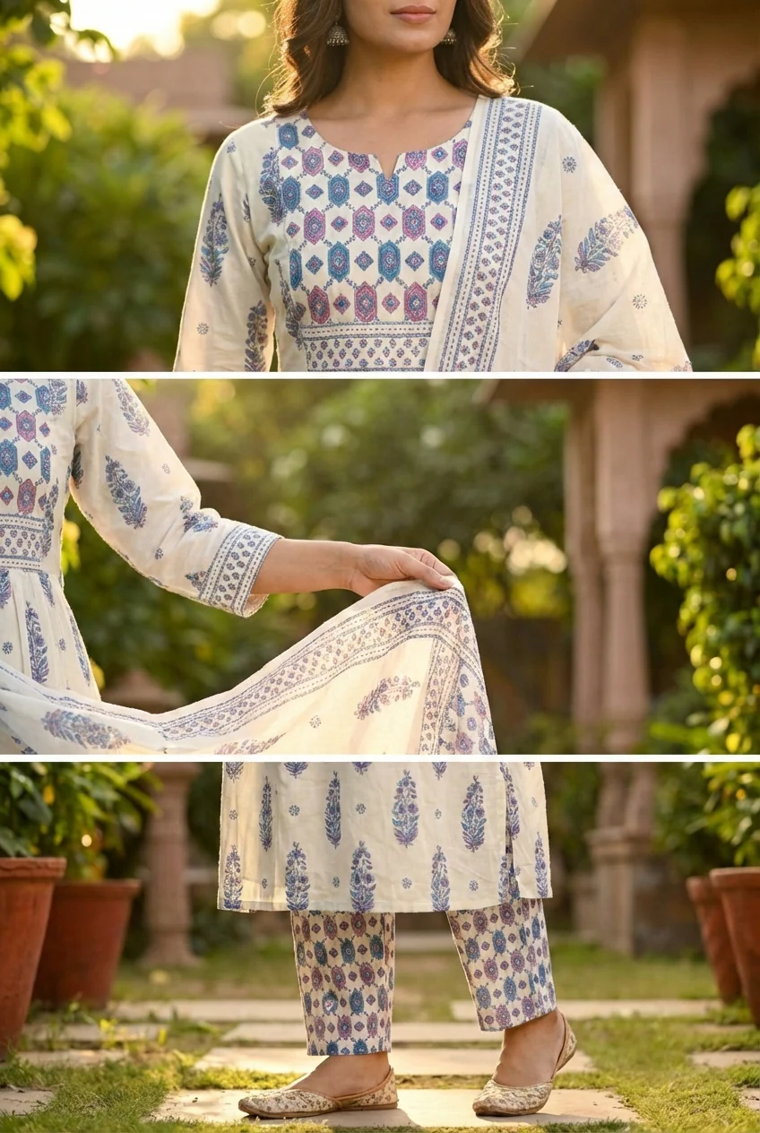 Blue Cotton Printed Three Piece Set - Image 5