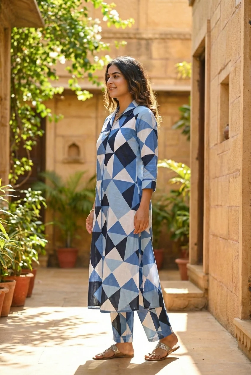 Blue Cotton Printed Two Piece Set - Image 2