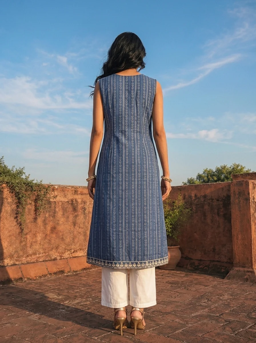 Blue Cotton Vertical Stripe Printed Kurta - Image 2