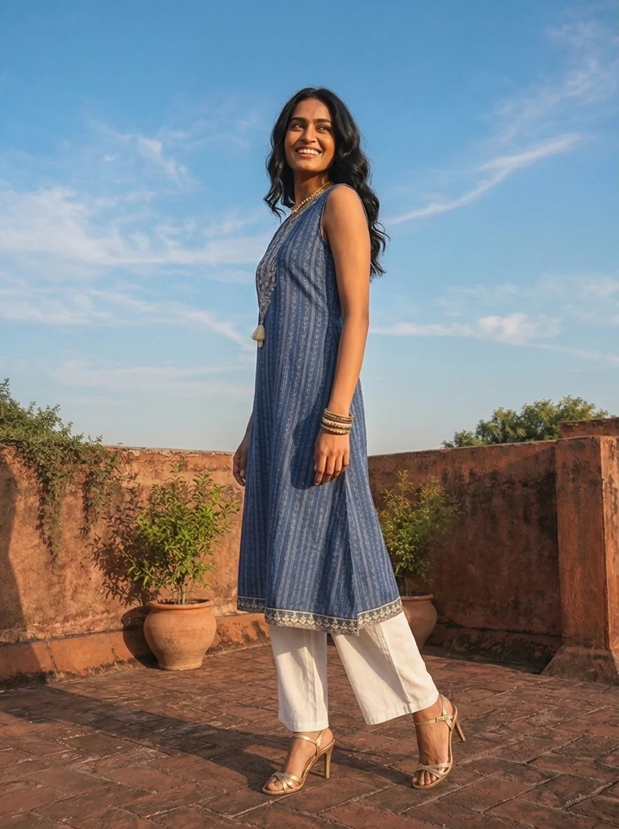 Blue Cotton Vertical Stripe Printed Kurta - Image 3