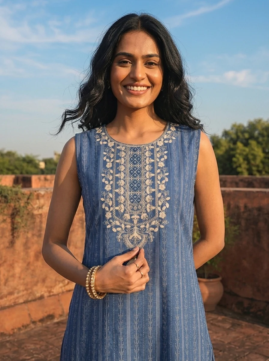 Blue Cotton Vertical Stripe Printed Kurta - Image 4