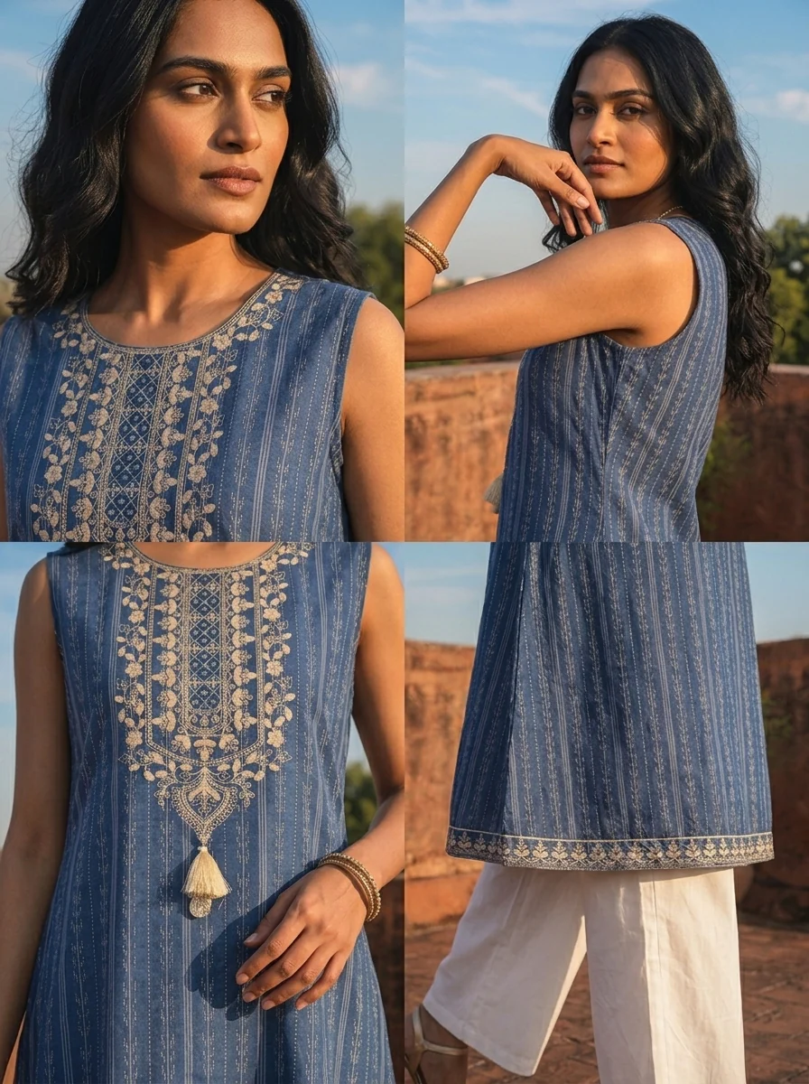 Blue Cotton Vertical Stripe Printed Kurta - Image 5