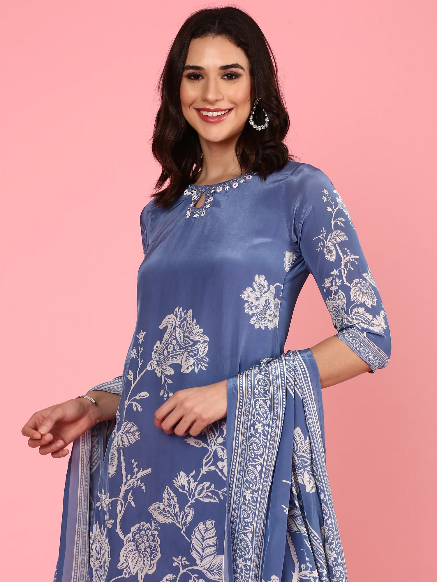 Blue Crepe Digital printed three piece suit Set - Image 2