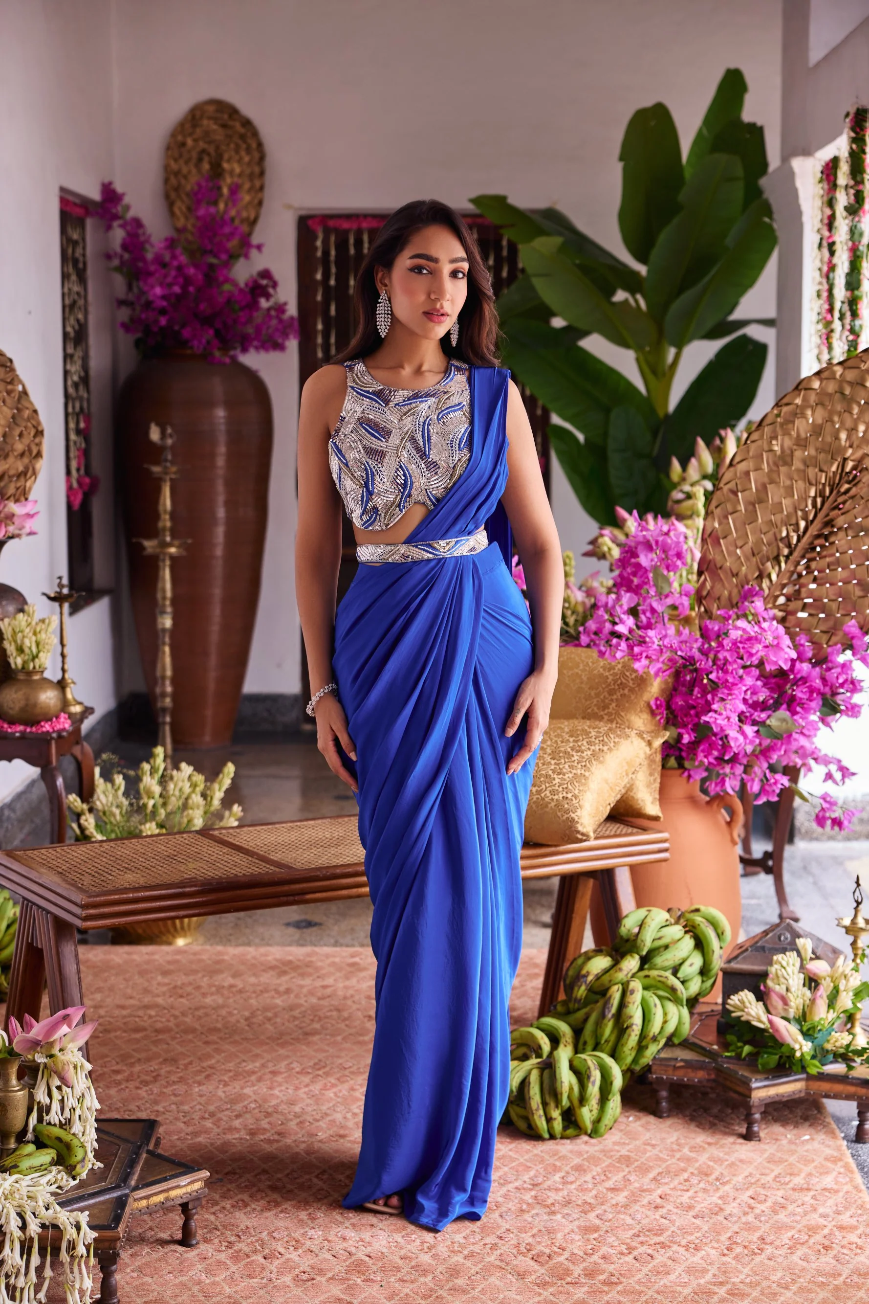 Blue Crepe Drape Saree With Embroidery Blouse - Image 2